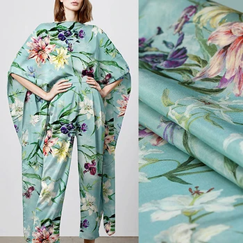 

109CM Wide 30MM Floral Print Green Heavy Silk Crepe Fabric for Summer Floral Dress Pants Suit E1355