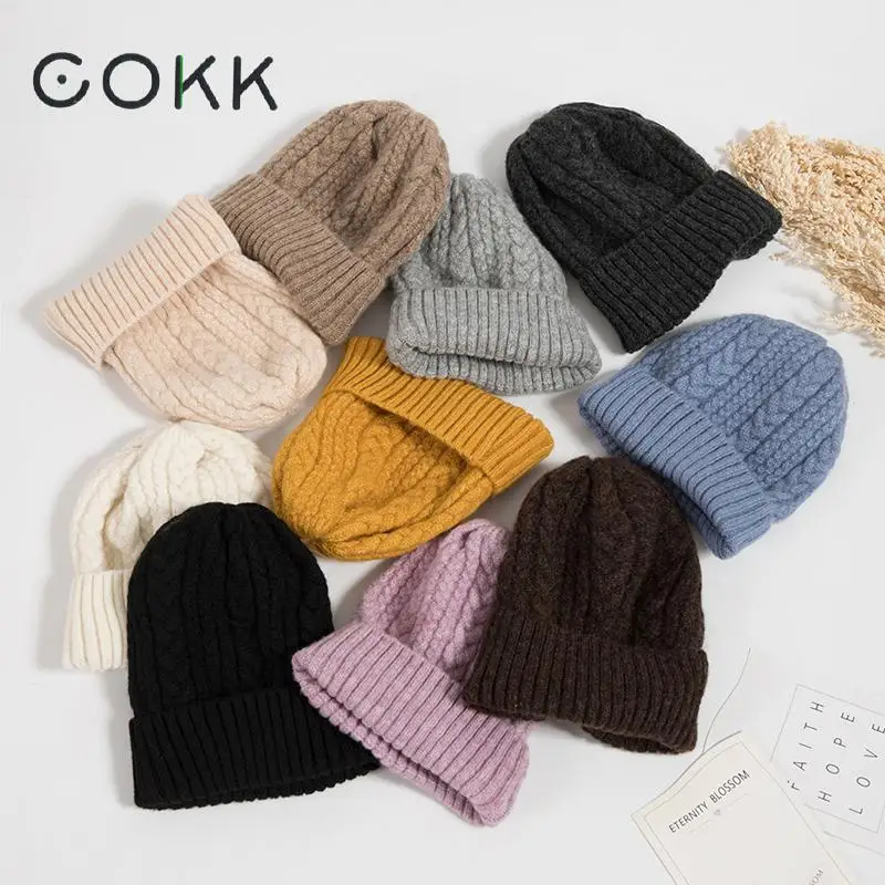 

COKK New Women's Hat Winter Knitted Hat Wool Beanie Stripe Bonnet Girls Hat Fall Female Cap Keep Warm Fashion Cap Female Stretch