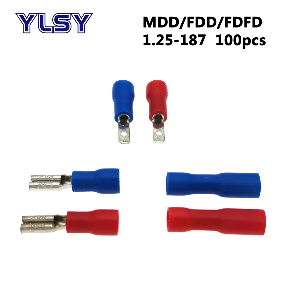 

100pcs 4.8mm Female Male insulated crimp terminal FDD/FDFD/MDD1.25-187 Electrical wiring cable connector 22-16AWG 0.5-1.5mm2