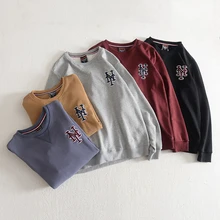 

American Retro Terry Embroidery Hoodies Men's Pure Cotton Washed Old Round Neck Pullover Knitted Long-sleeved Casual Sportwear