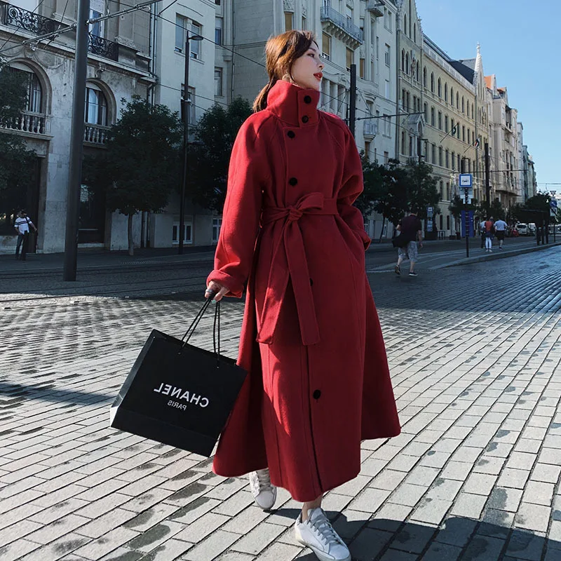 Красное шерстяное пальто для фотосессии, осень и зима, стиль, корейский стиль, свободная Длинная шерстяная куртка на шнуровке для женщин