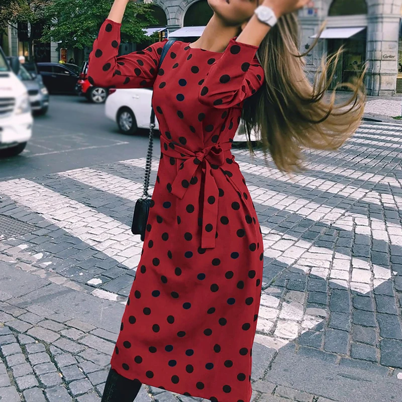 

Women autumn slim Casual Slim Dress Polka Dots Round Neck Long Sleeve Party Mid-length Mid-length Plus Size dress