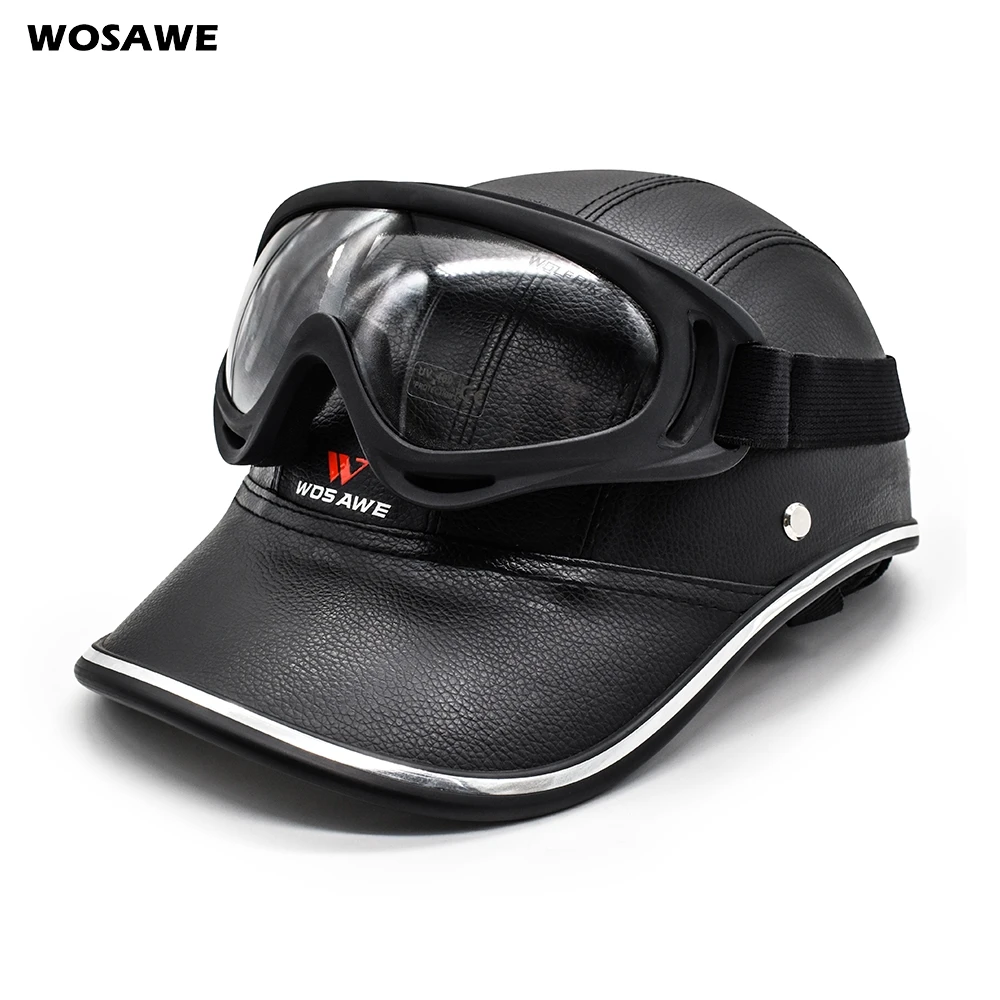 

WOSAWE PU Electric Bike Scooter Riding Helmet and Anti-UV Goggle Motorcycle Cycling Half Open Face Helmet Baseball Cap