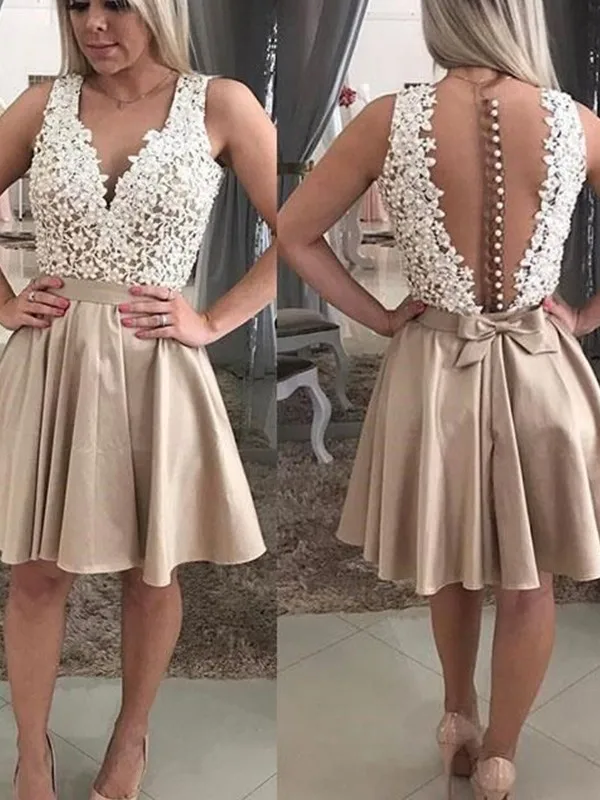 

2020 Homecoming Dress A-Line/Princess Sleeveless Beading V-neck Satin Short/Mini Dresses for Party