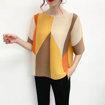 

LANMREM 2020 new autum and summer round neck half sleeves contrast colors pullover short top WJ73901