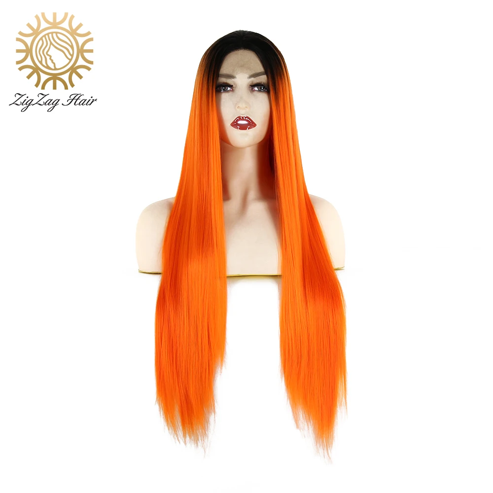 

ZigZag Black Ombre Orange Color Synthetic Lace Front Wig for Black Women 2 Tone Glueless Long Straight Heat Resistant Fiber Hair