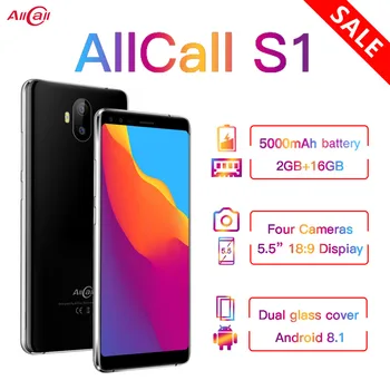 Перейти на Алиэкспресс и купить Оригинальный смартфон AllCall S1 5,5 дюйм18:9, 5000 мАч, Android 8,1, четырехъядерный процессор MTK6580A, 2 Гб ОЗУ 16 Гб ПЗУ, 8 Мп + 2 МП