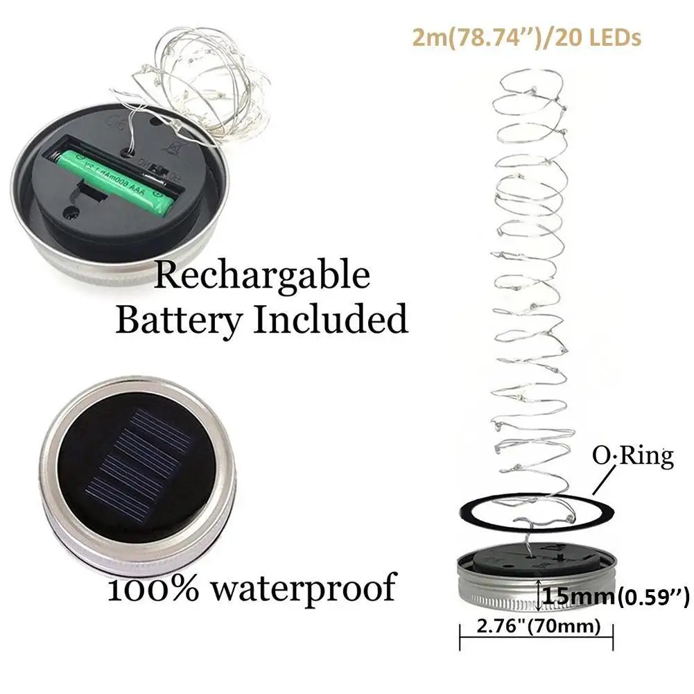 6 STÜCKE Solar Einmachglas Deckel Licht Mit 2m String Lichter Griff 20 LEDs Hängende Laterne Lampe Für Garten Dekoration bunte Licht_voghion.com