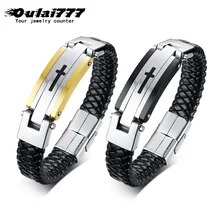 Мужские кожаные браслеты из нержавеющей стали, ювелирные изделия, роскошные серебряные браслеты, подарок для друзей, мужские аксессуары, крест