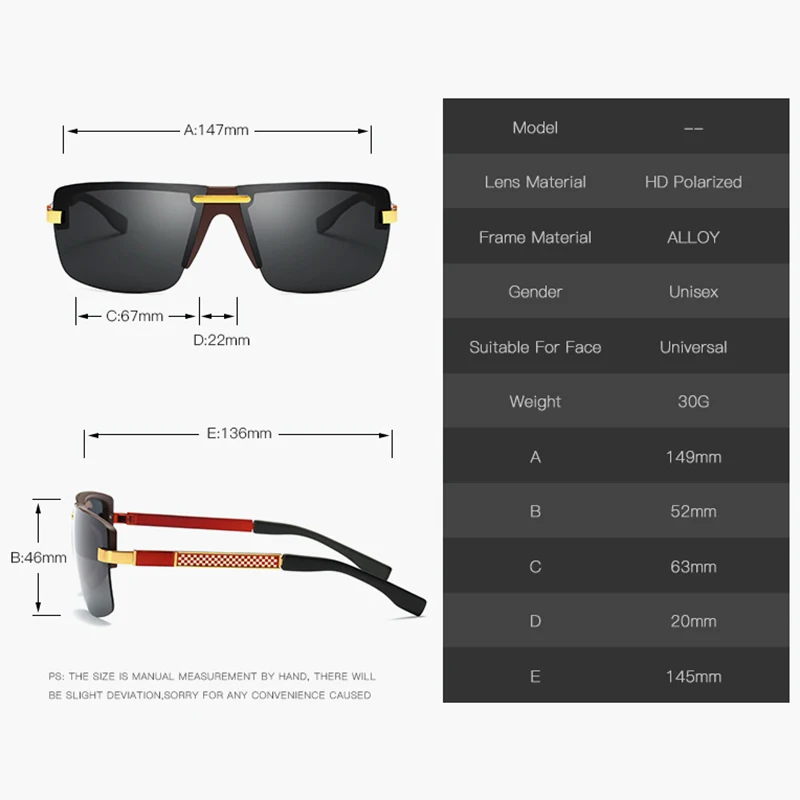 Men Polarized Rectangular Sunglasses Retro Driving Outdoor Fashion Eyewear Rimless Brand Design