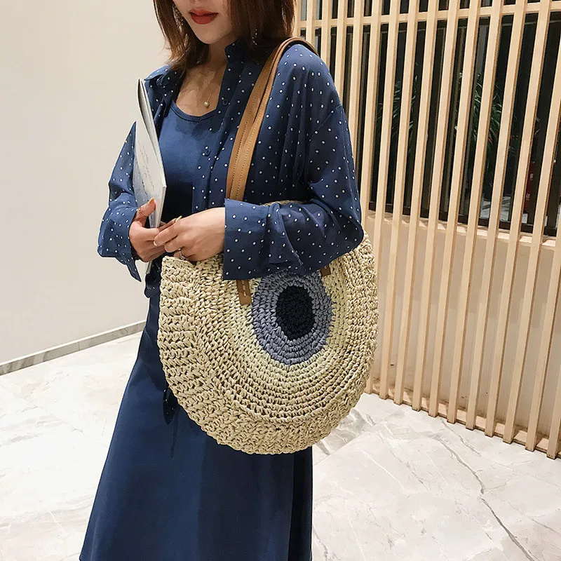 Корейский стиль, женская круглая роскошная сумка, летняя пляжная плетеная Сумка из ротанга, большая ручная работа, вязаная соломенная сумка, основная Женская сумка-мессенджер