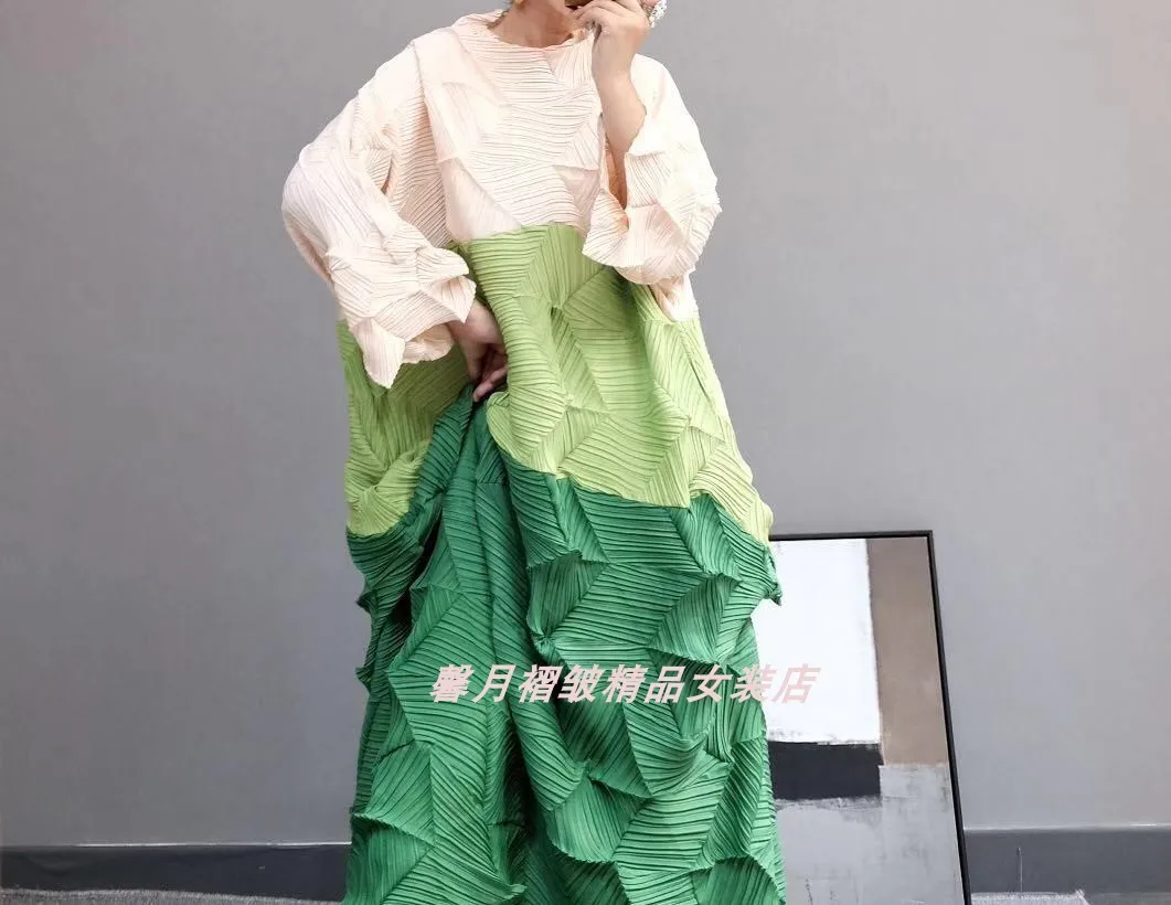 Miyake модные раза Алмазный плиссированное платье с рукавом три четверти в стиле пэчворк, воротник-стойка, свободные бутон платье