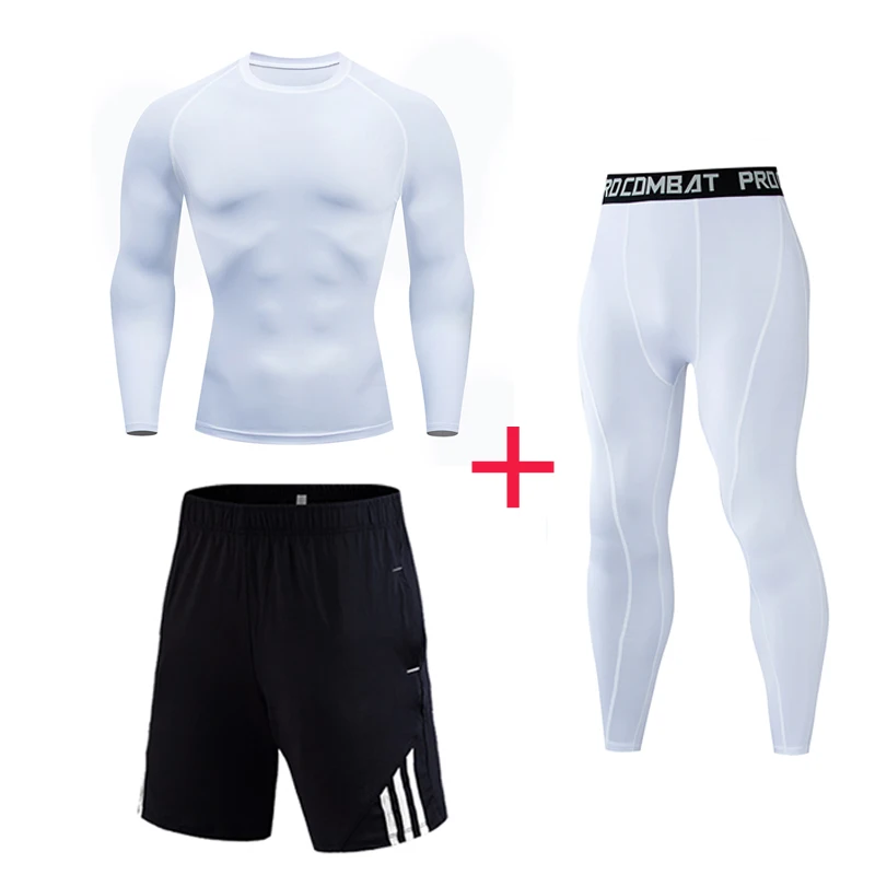 

Mens Fitness Top Long Sleeves Rashguard T Shirt Men Bodybuilding Skin Tight Thermal Compression set MMA Crossfit Workout Suit