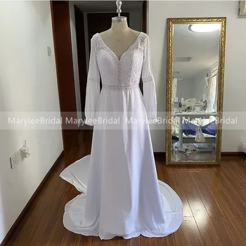 

Customize Long Sleeves Wedding Dress With Detachable Train Backless White Stretch Chiffon Lace Spanish Bride Summer Wedding Gown