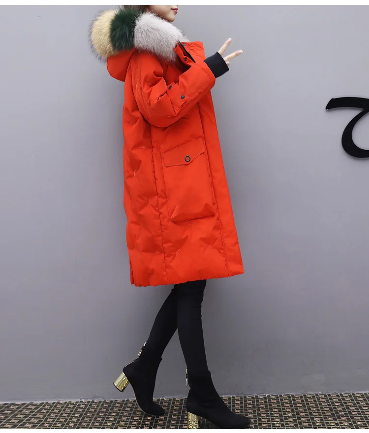Верхняя одежда из белого утиного пуха, пальто с гусиным пером, пуховик для женщин, теплая парка с капюшоном, воротник из натурального меха, тонкое толстое корейское пальто O123