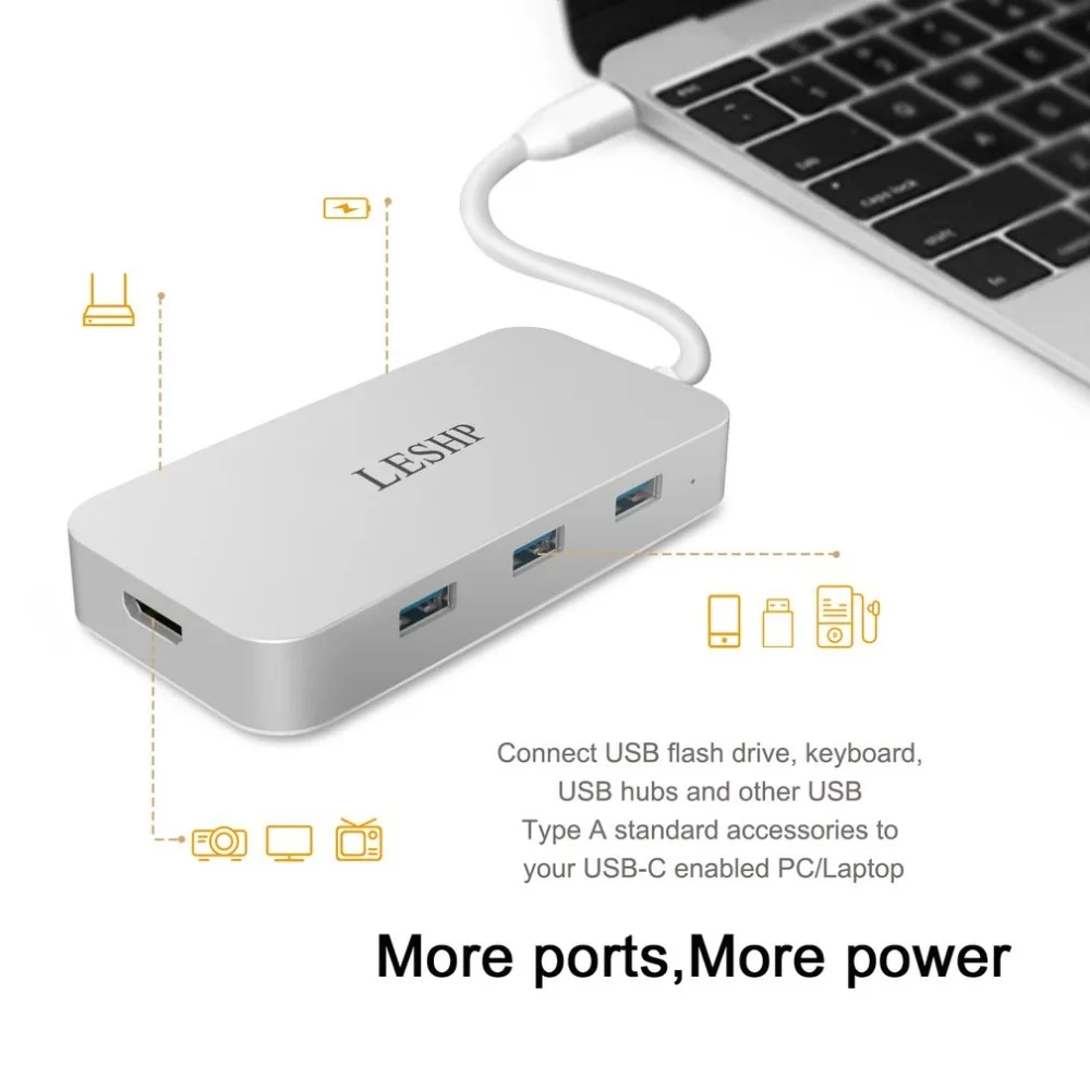 LESHP алюминиевый белый type-c к USB-3.0 3 портовый концентратор RJ45 Gigabit HDMI 4K PD зарядка цифровой AV конвертер адаптер