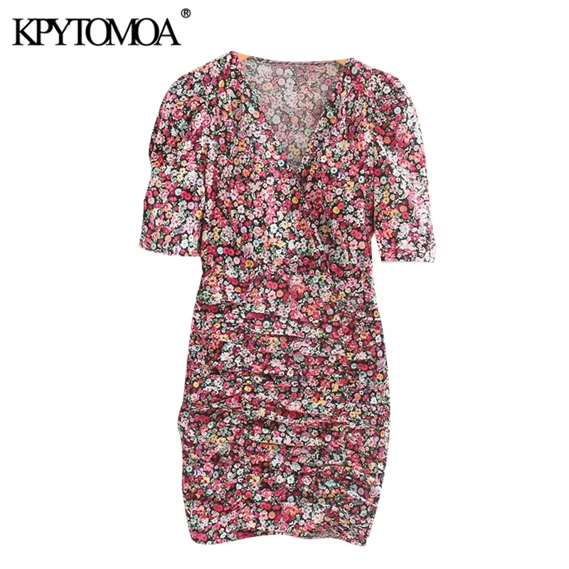 KPYTOMOA Women 2020 Chic Fashion Floral Print Pleated Mini Dress Vintage V Neck Short Sleeve Female Dresses Vestidos Mujer KPYTOMOA Women 2020 Chic Fashion Floral Print Pleated Mini Dress Vintage V Neck Short Sleeve Female Dresses Vestidos Mujer