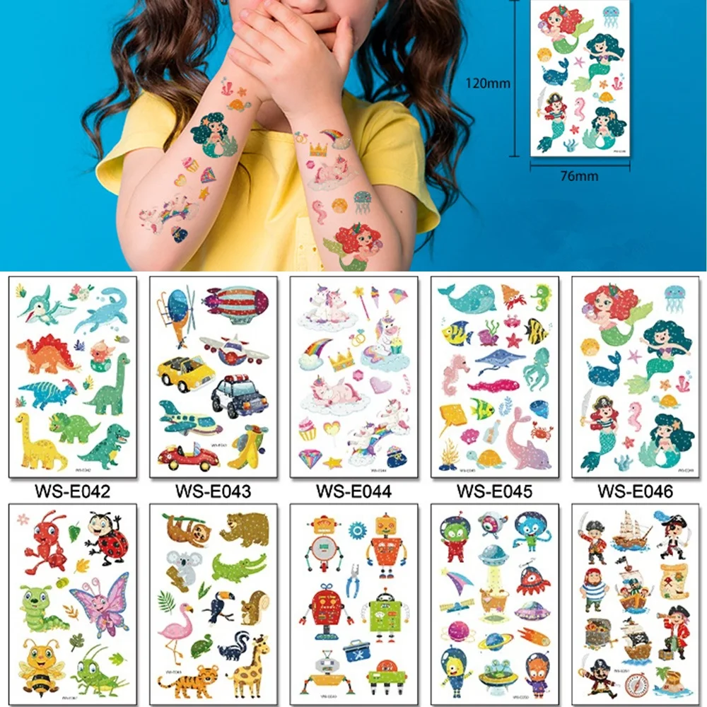 Tattoos Glitter-Powder Unicorns Temporary-Body-Stickers Dinosaurs Mermaid Cartoon Animal-Robot