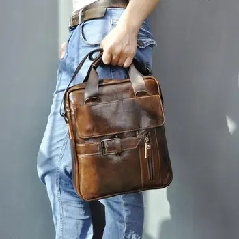 

Men Original Leather Vertical Coffee Business Briefcase 12" Laptop Case Attache Portfolio Bag Tote Shoulder Messenger Bag 1066