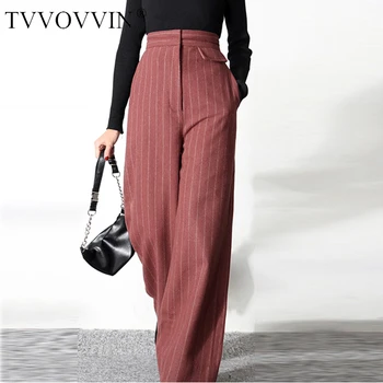 

Korea can ship 2020 New High Waist Thickening Width Stripe Wide Leg Pants for WomanTemperament Trousers with pockets YJ076