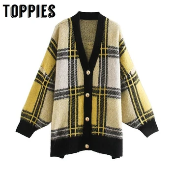 

Winter Lattice Cardigans Women Knitted Jacket Coat Vintage Button Cardigan Sweater Loose Overszie Coat