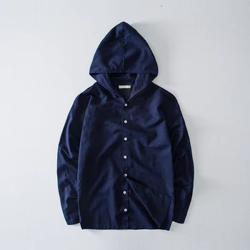 

Autumn New Arrival Linen Shirts Men Long Sleeve Navy Blue Male Social Shirt Hooded Casual Button Shirt Boy Plus Size Xxxl 4xl