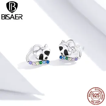 

BISAER Stud Earrings Real 925 Sterling Silver Lovely Raccoon Colorful Zirconia Small Earrings For Women Luxury Jewelry HSE883