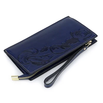 

High Quality Blue Color Women Daily Clutch Purse Genuine Cow Leather Ladies Long Phone Case Floral Embossed Card Pockets