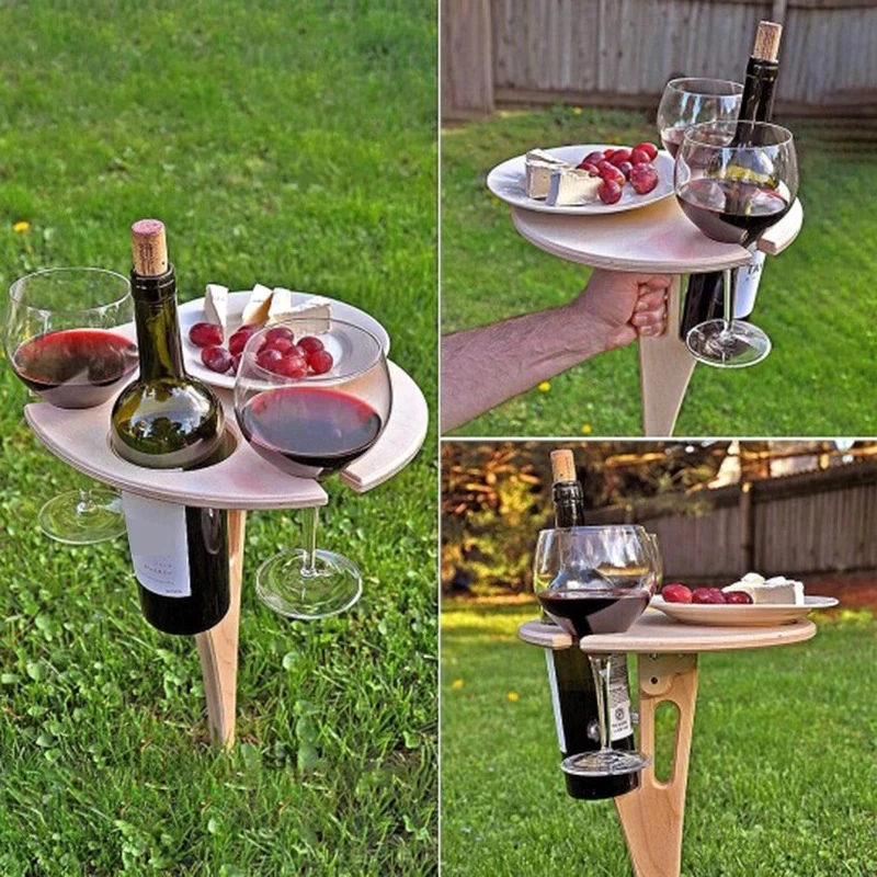 Outdoor Foldable Wine Table with Round Desktop Mini Wooden Easy To Carry.