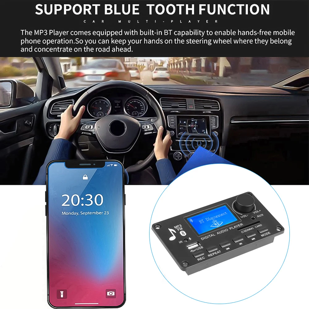 Kebidu LCD Bluetooth MP3 Decoder Board 12V WAV WMA Decoding MP3 Player Audio Module Support FM Radio AUX USB With Lyrics Display