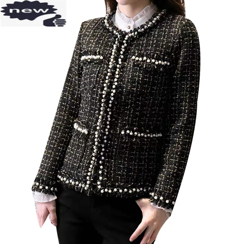 

Elegant Tweed Coat Women Autumn Winter Pearl Tassel Medium Long Fashion O-Neck Single Breasted Lady Jacket Plus Size