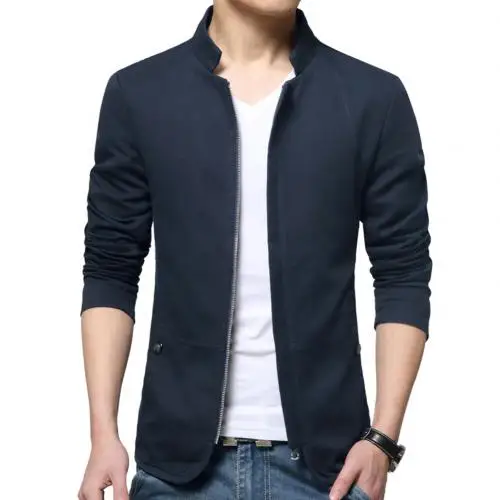 Dark Blue Куртка мужская с длинным рукавом стоячий воротник куртка повседневная тонкий карман на молнии спереди кардиган костюм пальто куртка - Цвет: Dark Blue