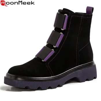 

MoonMeek 2020 Genuine leather boots comfortable med heels round toe ladies shoes autumn winter simple ankle boots women