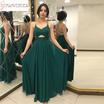 

Spaghetti Straps Boho Prom Dress Dark Green A Line Chiffon Evening Dress Floor Length Robe De Soiree with Criss-Cross Back