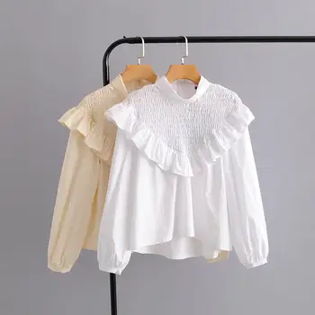 

2020 New Fashion Brand Summer Shirt Lantern Sleeve Full Casual Ruffled Solid Regular Cotton