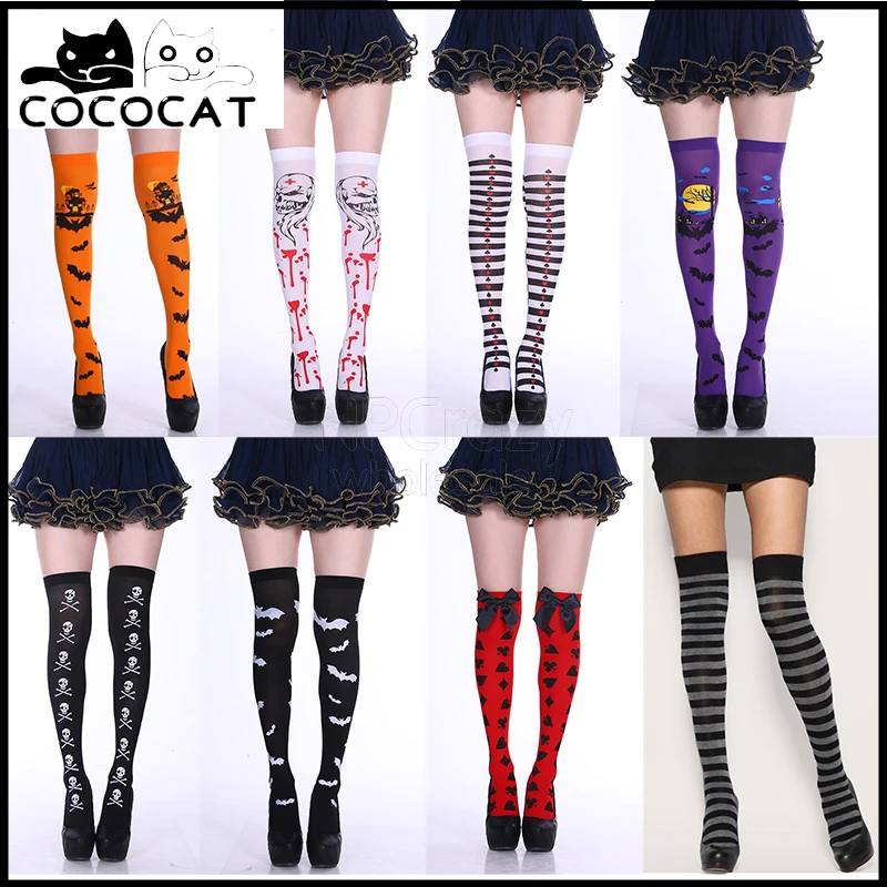 

COCOCAT 2020 Halloween Knee High Socks Women Skull/Pumpkin/Bat/Vampire/Poker Cosplay Stockings Wholesale