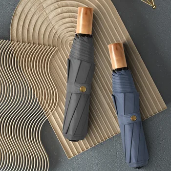 

8-strand Wind resistant 3 Fold Automatic Umbrella Rain Wood Handle Business British Style Umbrella Men's Gift Large Umbrella