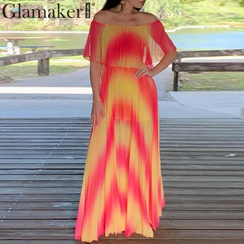 Glamaker с открытыми плечами slash шеи Плиссированное Радужное платье-халат Женское Элегантное Длинное Платье оверсайз женское осеннее вечернее платье vestidos