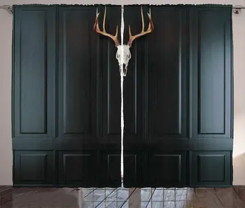 

Antlers Curtains Deer Skull with Horns on a Wooden Wall Penal Hunting Interior View Cabin Image Living Room Bedroom Window Drape