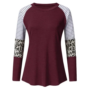 

Soft Office Travel Spring Women Tops Casual Long Sleeve Splice Leopard Stripe Comfortable Autumn Loose Crew Neck Daily