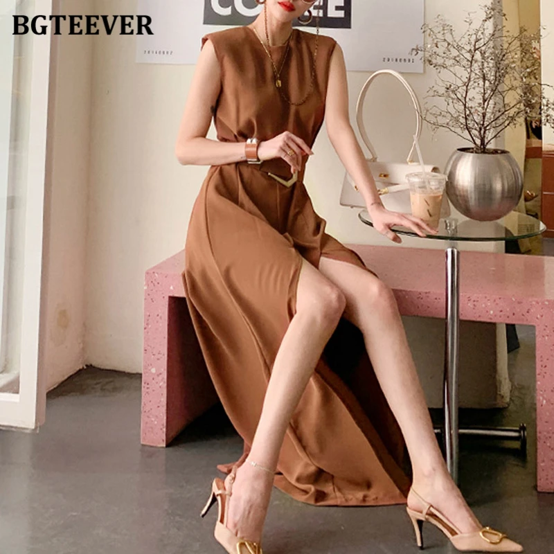 BGTEEVER Summer O-neck Sleeveless Belted Office Ladies Playsuit Wide Leg Split Elegant Loose Women Jumpsuit 2020 Romper Overalls