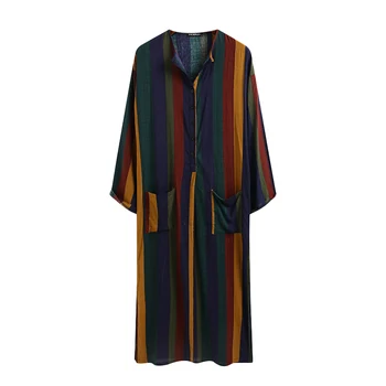 

Men's Muslim Robe Colorful Striped Long Sleeve One-piece Garment with Pockets and Buttons For Autumn Summer