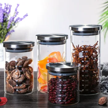 

Stainless steel lid Glass Airtight Canister Kitchen Storage Bottles Jars Food Container Grains Tea Coffee Beans Grains Candy Jar