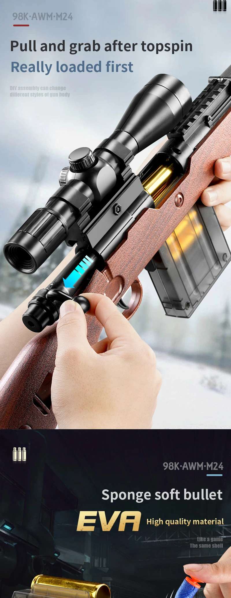 Kids AMW/98K/Barrett Gun Sniper Rifle Soft Bullet Gun Shell Ejecting  Blaster Toy