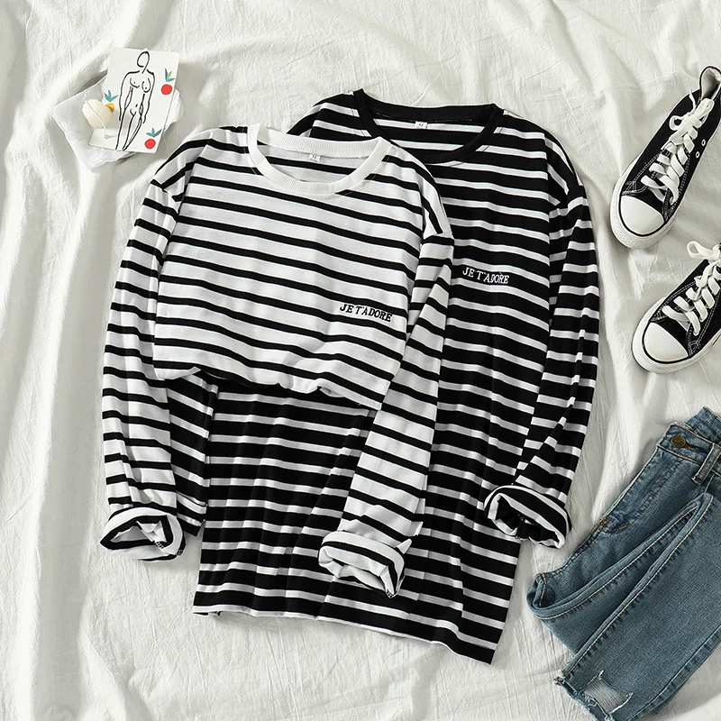 

Mooirue Autumn Harajuku Striped T Shirts For Women Long Sleeve Letter Printed Loose Korean Streetwear Plus Size Tshirt Women