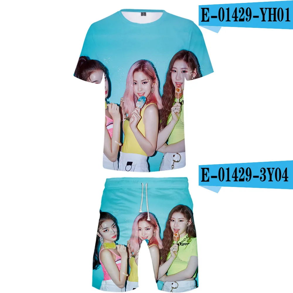 ITZY Kpop, корейская мода для девочек, Новое поступление, 3D уличная одежда, комплект из двух предметов, футболка с круглым вырезом+ шорты, Мужской классный набор Харадзюку - Цвет: Оранжевый