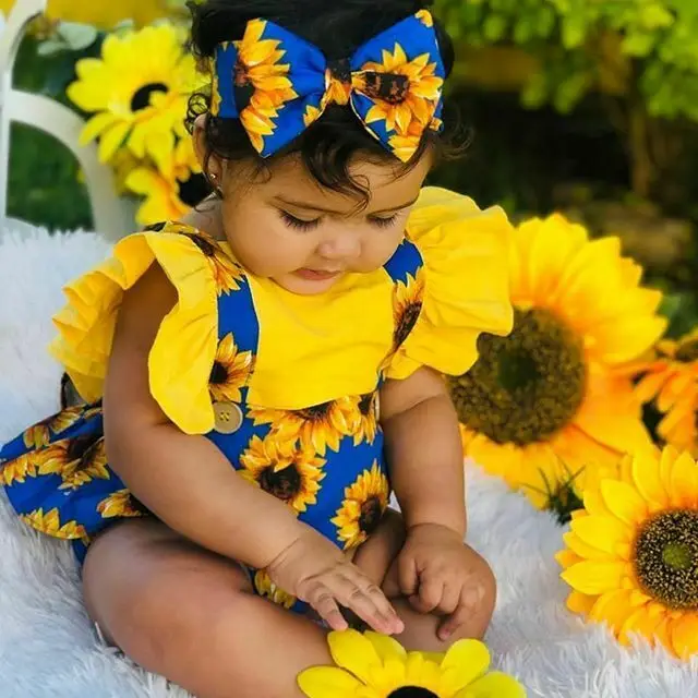 Toddler Baby Kids Girls Sunflower Print Romper Jumpsuit+Headbands Outfit Clothes 