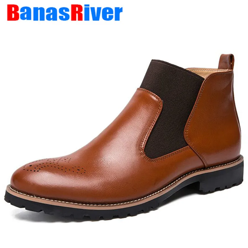 

Elastic Band Autumn Leather Chelsea Boots Brogue Style Men Ankle Breathable Formal High Top Casual Shoes Business Dress Pointy
