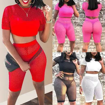 

Sexy Women 2 Piece Hollow Mesh Short Sleeve Crop Top + Shorts Pant Set Sports Solid Color