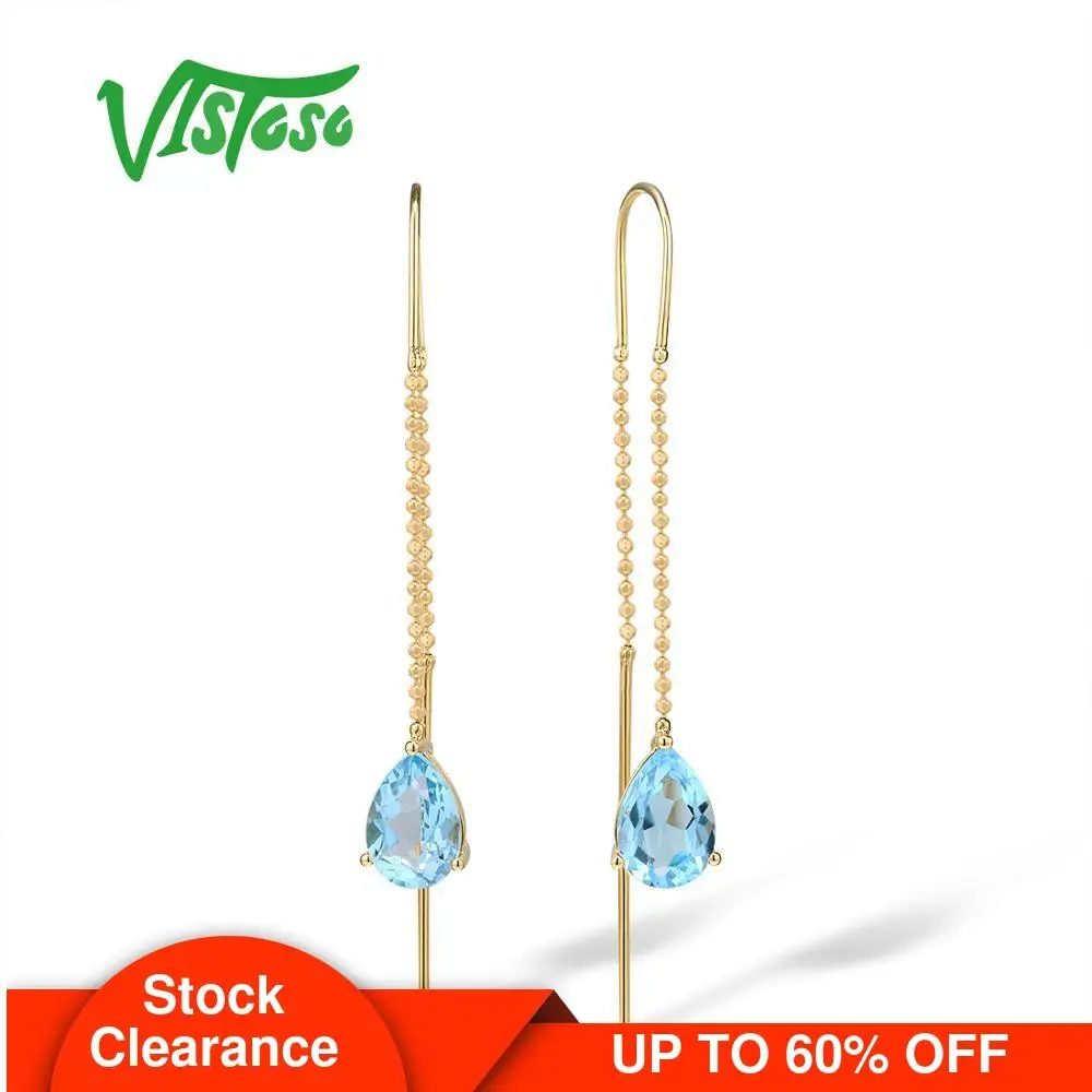 VISTOSO 9K 375 Yellow Gold Charming Blue Topaz Stylish Dangling Earrings For Women Party Engagement Anniversary Fine Jewelry | Украшения и
